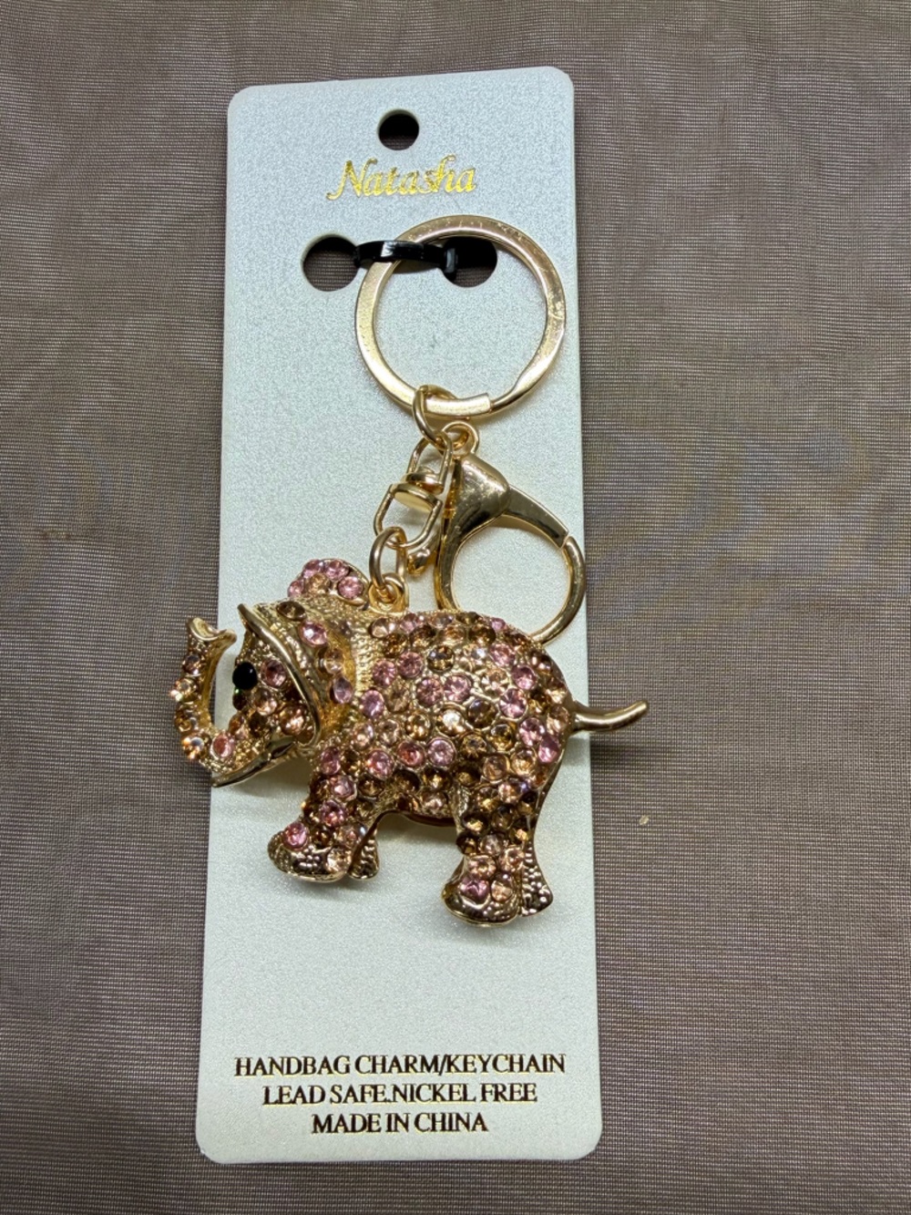 New Gold-tone Pink Crystal Elephant Handbag Charm Keychain